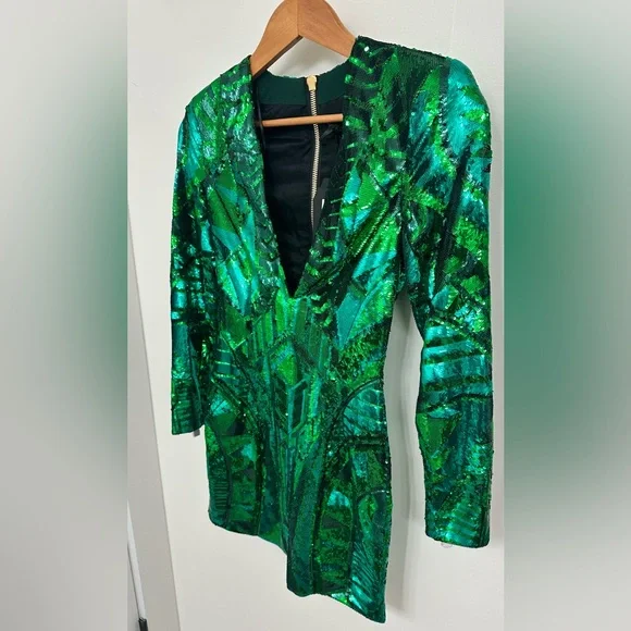 BALMAIN x H&M Emerald Sequin Long Sleeve Plunge Dress - Picture 2 of 6